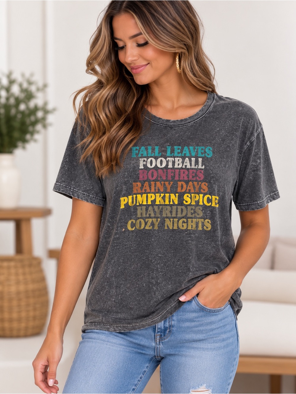 Vintage-Style Charcoal Graphic Tee - Cozy Fall Print